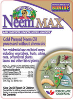 Close-up of Neem MAX label artwork showing product name, Bonide logo and text about cold pressed neem oil for residential use
