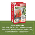 Nesco vacuum sealer rolls retail box above green panel stating safe materials and usage claims