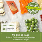 Close-up of vacuum-sealed food items in clear NESCO bags with a green Nesco fresh guard guarantee badge