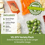 Assorted foods sealed in clear vacuum bags with product inclusion list text and NESCO fresh guard guarantee badge