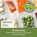 Assorted vacuum-sealed vegetables and salmon in clear Nesco vacuum bags with Fresh Guard badge