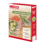 NESCO vacuum sealer bags box front showing 50 gallon bags with vacuum-sealed vegetables on a wood surface