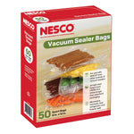 Boxed NESCO vacuum sealer bags packaging showing stacked sealed bags of food and product branding