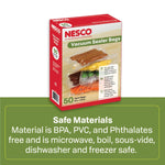Product box of NESCO vacuum sealer bags placed above green panel that highlights safe material claims