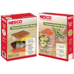 Two NESCO vacuum sealer bag boxes side-by-side showing quart and gallon packaging with vacuum-sealed vegetables
