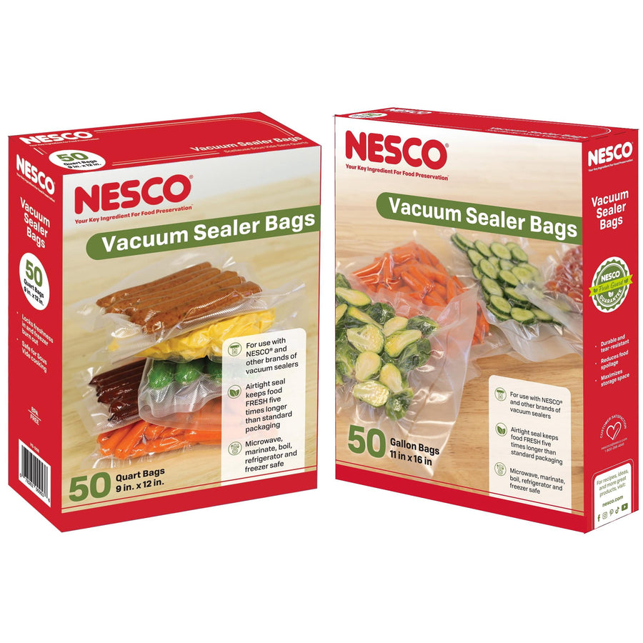 Two NESCO vacuum sealer bag boxes side-by-side showing quart and gallon packaging with vacuum-sealed vegetables