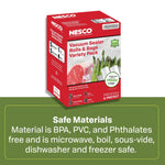 Product box of NESCO vacuum sealer rolls and bags shown above a green panel stating safe materials and usage instructions