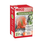Nesco vacuum sealer rolls box showing sealed meat and vegetables in clear vacuum pouches with product branding