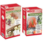 Two Nesco vacuum sealer roll boxes shown side-by-side with packaged food visuals and product branding