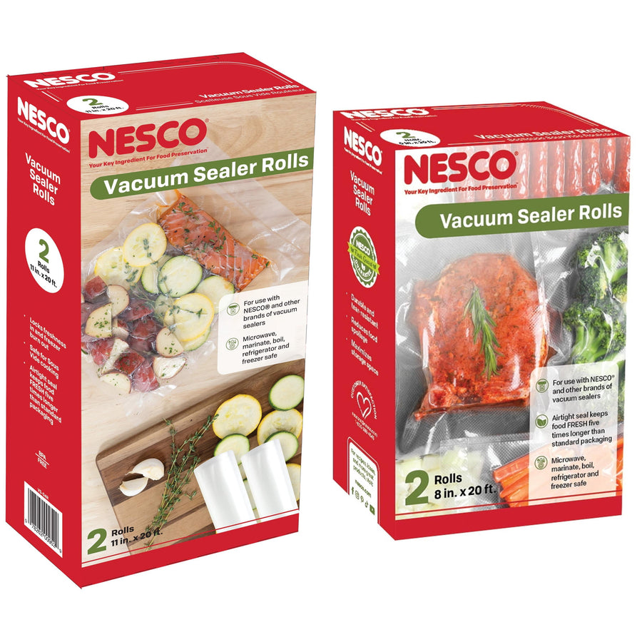 Two Nesco vacuum sealer roll boxes shown side-by-side with packaged food visuals and product branding