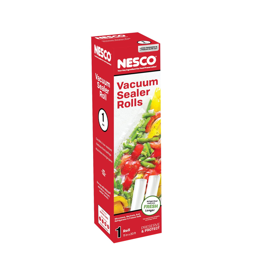 Tall red-and-white NESCO retail box labeled Vacuum Sealer Rolls with food imagery