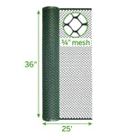 Green rolled poultry netting with arrows and text overlay indicating 36" height, 25' length and 3/4" mesh closeup