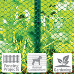Green plastic poultry netting secured to a vertical stake with garden icons for fencing, animal containment and gardening
