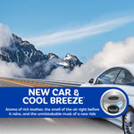 Scenic road and car background banner with bold text New Car & Cool Breeze and inset image of Refresh Your Car gel can
