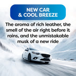 Graphic panel reading “New Car & Cool Breeze” with a white car driving through a snowy landscape and descriptive aroma text