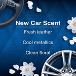 Promotional graphic reading “New Car Scent” with floral petals and a wheel on textured blue background