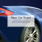 Close-up lifestyle graphic of a blue car quarter panel with text overlay reading New Car Scent and descriptive line