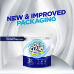 OxiClean pouch on pedestal with bold text ‘New & Improved Packaging’ and a resealable pouch callout