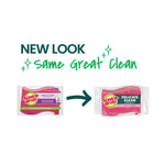 Graphic reading “NEW LOOK same great clean” showing old and new Scotch-Brite Delicate Clean packaging side by side