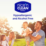 Lifestyle-style image with Nice'n Clean logo above family in sunlit park and 'Hypoallergenic and Alcohol Free' text