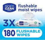Promotional art showing Nice'n Clean logo, an open flip-top pack dispensing a wipe, and bold '180 flushable wipes' messaging