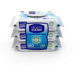 Three stacked Nice'n Clean flushable moist wipes flip-top packs with blue label reading 180 total and ecoflush technology
