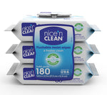 Stack of three Nice'n Clean flushable moist wipes flip-top packs with blue label showing 180 total and ecoflush badge