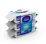 Angled view of three stacked Nice'n Clean flushable moist wipes flip-top packs showing ecoflush badge and branded label