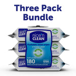 Three-pack bundle graphic of Nice'n Clean flushable moist wipes with large 'Three Pack Bundle' headline and product label