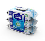 Perspective view of three stacked Nice'n Clean flushable moist wipes packs with prominent blue front label and ecoflush seal