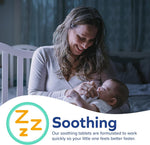 Parent feeding a baby at night with branding graphic and "Soothing" headline and zzz icon overlaid.