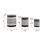 Product dimensions infographic showing three Nikos patterned planters with height and diameter measurements labeled.