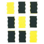 Nine Dawn green-and-yellow scrub sponges arranged in grid, alternating scrubber and sponge sides visible