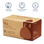 NineStars tall kitchen bags kraft box on white background with three icon callouts for leak proof, fit and puncture resistance.