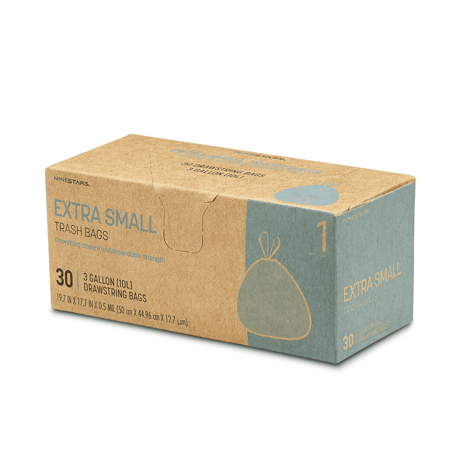 Kraft-style NineStars cardboard box labeled “Extra Small” 3 gallon drawstring trash bags, 30 count, angled view