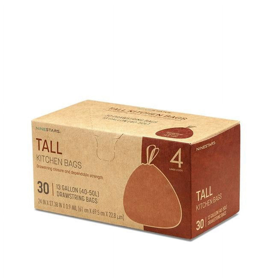 Kraft-style NineStars tall kitchen trash bag box showing product name, liner icon and 30 count text on white background.