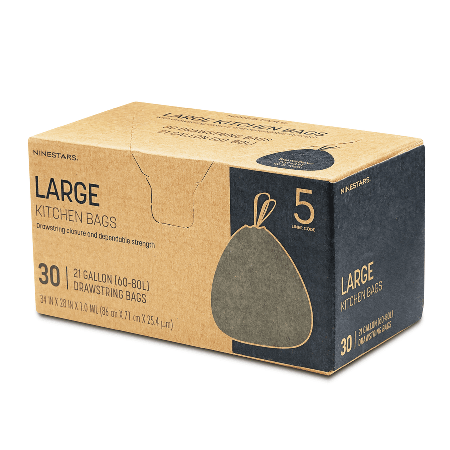 Nine Stars branded kraft box for large drawstring kitchen bags showing liner icon and capacity text