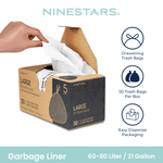 Open Nine Stars dispenser box with a hand pulling a white drawstring trash bag and feature icons at right