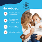 Blue infographic panel listing ‘No Added’ ingredients with a photo of a woman holding a baby and an EWG verified mark