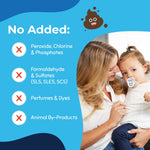 Graphic panel titled 'No Added:' listing peroxide, chlorine, formaldehyde, sulfates, perfumes, dyes and animal by-products with parent and child photo