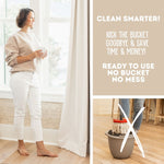 Promotional collage with person standing by a window, crossed-out bucket mop and text promoting ready-to-use, no-bucket cleaning.