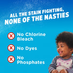 Blue informational panel listing 'No Chlorine Bleach, No Dyes, No Phosphates' with smiling toddler