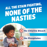 Blue background marketing panel stating no chlorine bleach and no phosphates with image of a smiling toddler in stained clothing