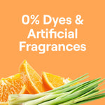 Orange background with text '0% Dyes & Artificial Fragrances' above sliced citrus and lemongrass imagery