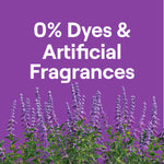 Purple panel with text "0% Dyes & Artificial Fragrances" above a field of purple lavender flowers.