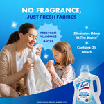 Mother and child smelling a towel with product callouts about no fragrance and fresh fabrics and a Lysol Laundry Sanitizer bottle.