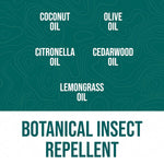 Informational graphic listing coconut oil, olive oil, citronella, cedarwood and lemongrass oils above 'Botanical Insect Repellent'