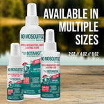 Three sizes of No Mosquitoz spray bottles on a wooden surface with text 'Available in multiple sizes' and size callouts