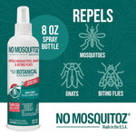 Graphic panel showing No Mosquitoz bottle next to icons for mosquitoes, gnats and biting flies and text 'repels'