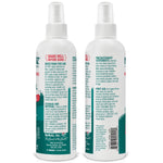 Rear and side views of two No Mosquitoz spray bottles showing directions, warnings and barcode on teal-and-white labels